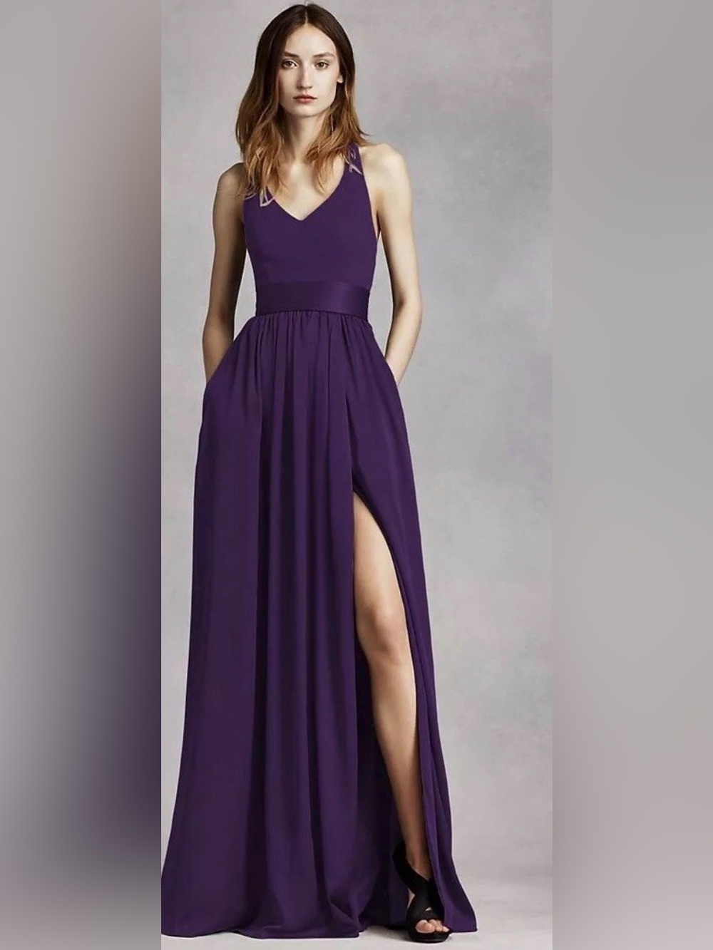 Vera Wang White Purple Halter Maxi Elegant Evening Gown Bridesmaids Dress sz 26